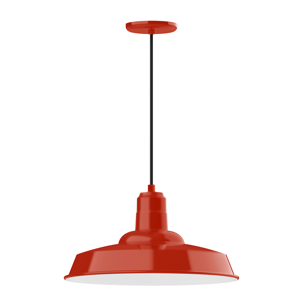 18" Warehouse shade, pendant with white cord and canopy, Vermillion
