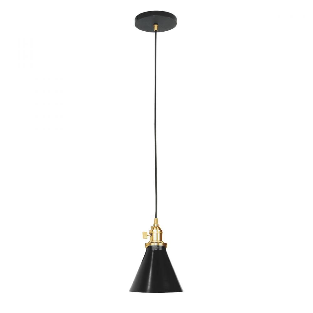 6" Uno Pendant, white cord with canopy, Black with Brushed Brass Hardware