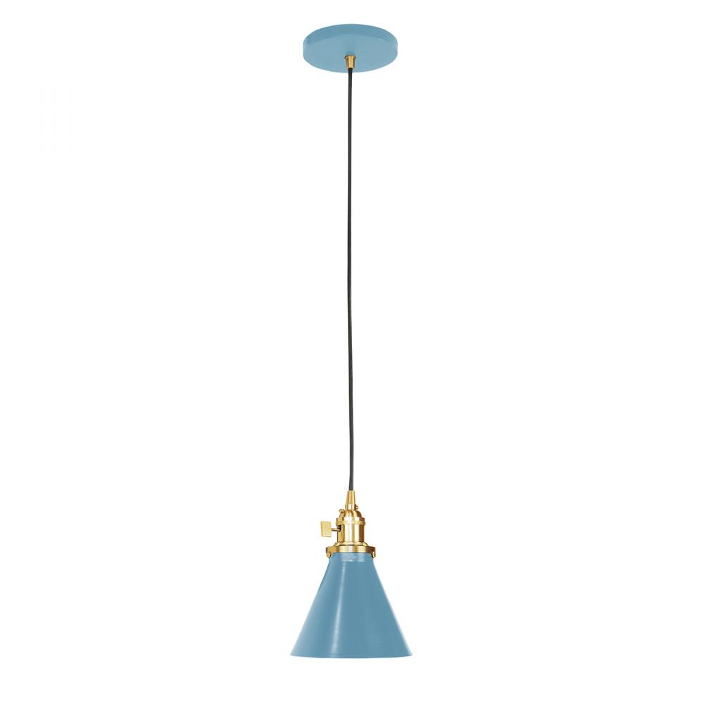 6" Uno Pendant, white cord with canopy, Light Blue with Brushed Brass Hardware