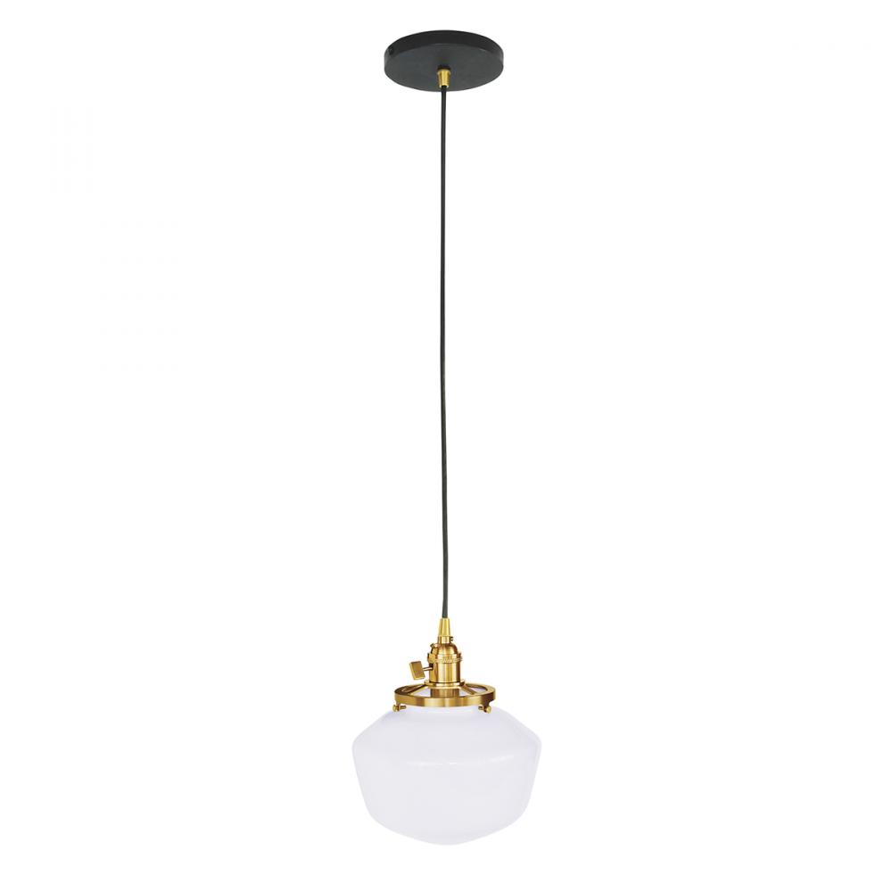 Uno 8" Pendant, with Schoolhouse glass shade,  Black with Brushed Brass hardware