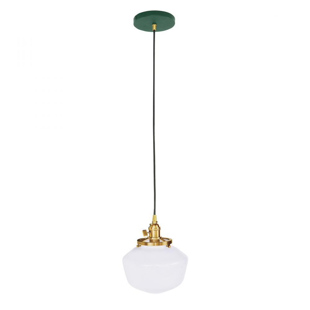Uno 8" Pendant, with Schoolhouse glass shade,  Forest Green with Brushed Brass hardware