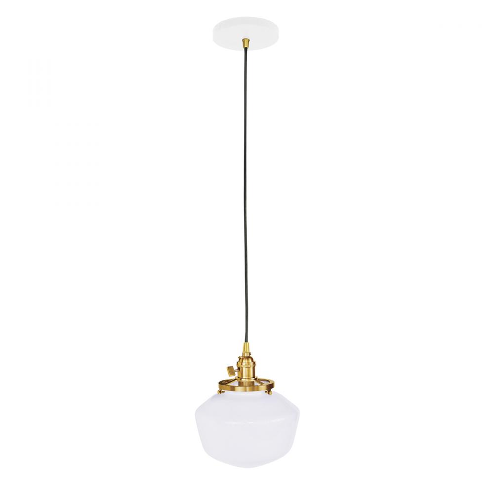 Uno 8" Pendant, with Schoolhouse glass shade,  White with Brushed Brass hardware