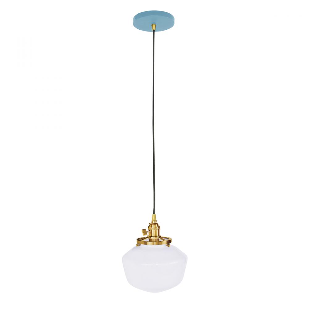 8" Uno Pendant, white cord with canopy, Light Blue with Brushed Brass Hardware