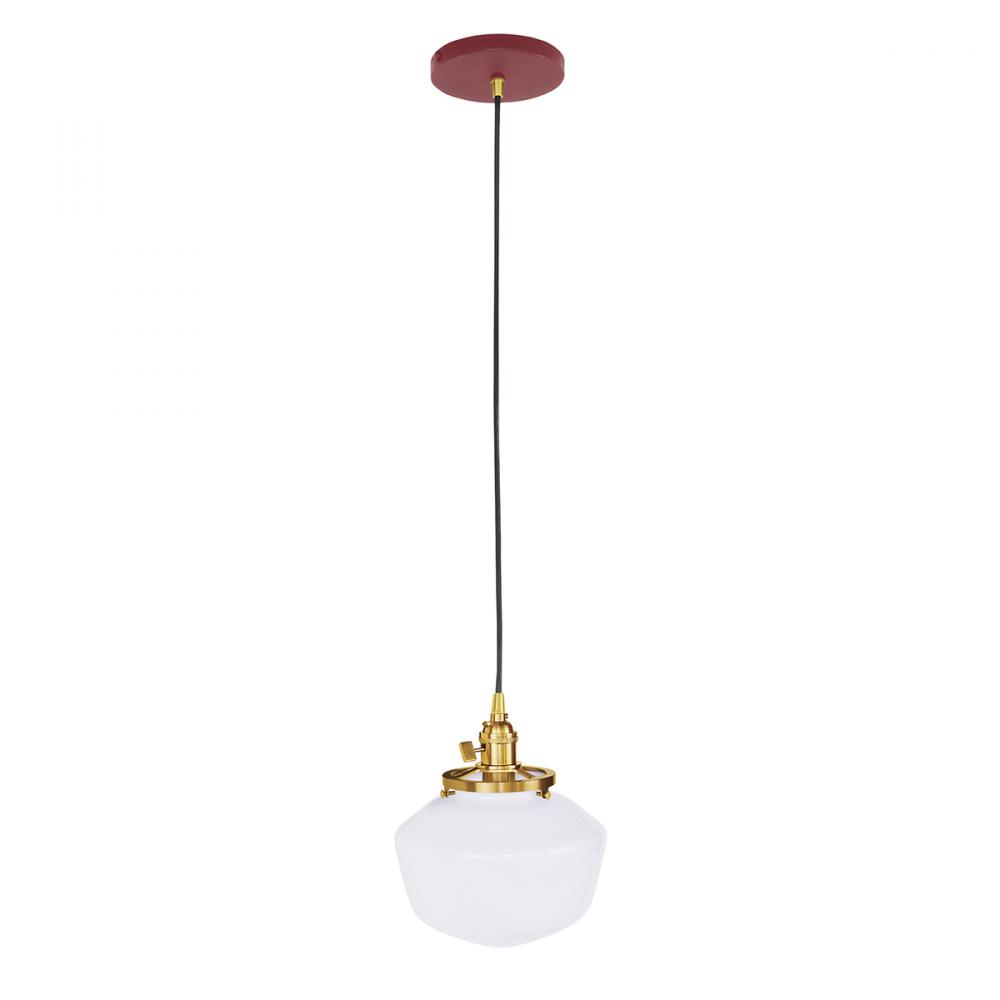 Uno 8" Pendant, with Schoolhouse glass shade,  Barn Red with Brushed Brass hardware