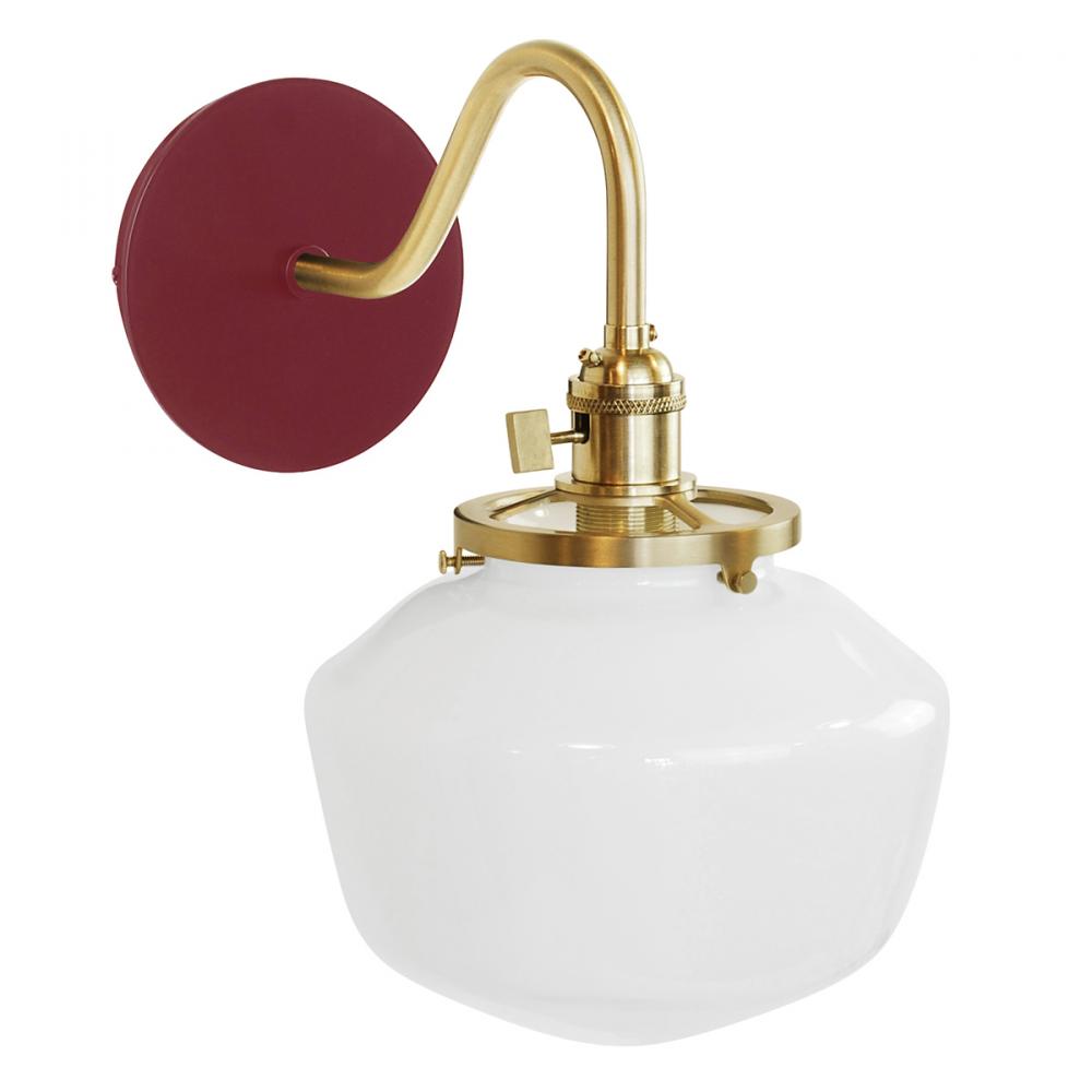 Uno 8" wall sconce, with Schoolhouse glass shade,  Barn Red with Brushed Brass hardware
