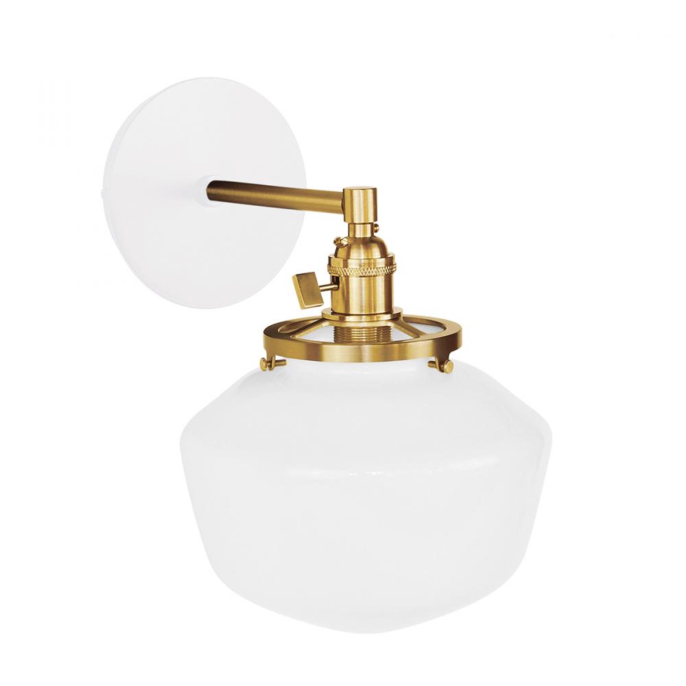 Uno 8" wall sconce, with Schoolhouse glass shade,  White with Brushed Brass hardware