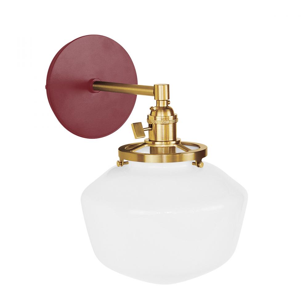Uno 8" wall sconce, with Schoolhouse glass shade,  Barn Red with Brushed Brass hardware
