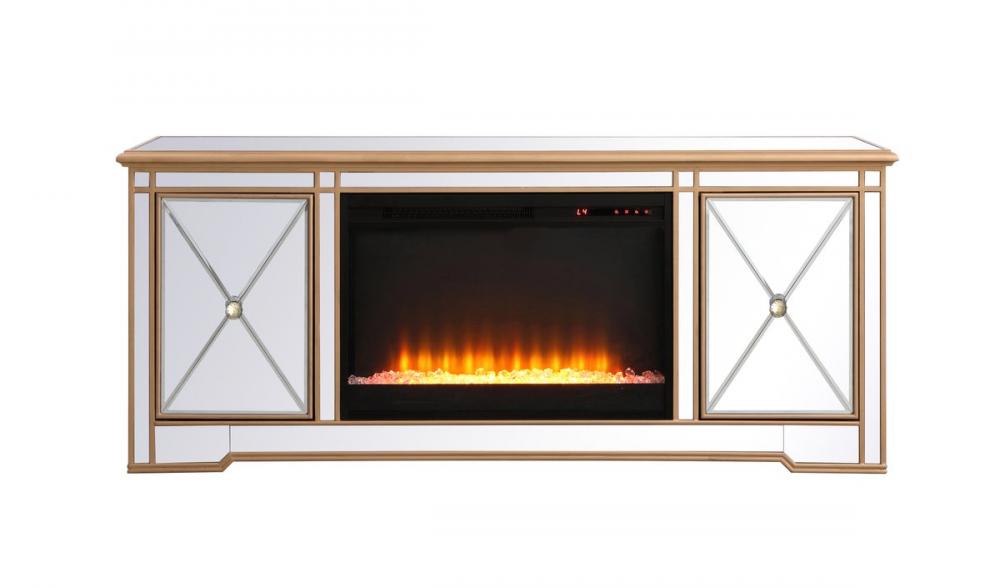Modern 60 in. mirrored tv stand with crystal fireplace in antique gold